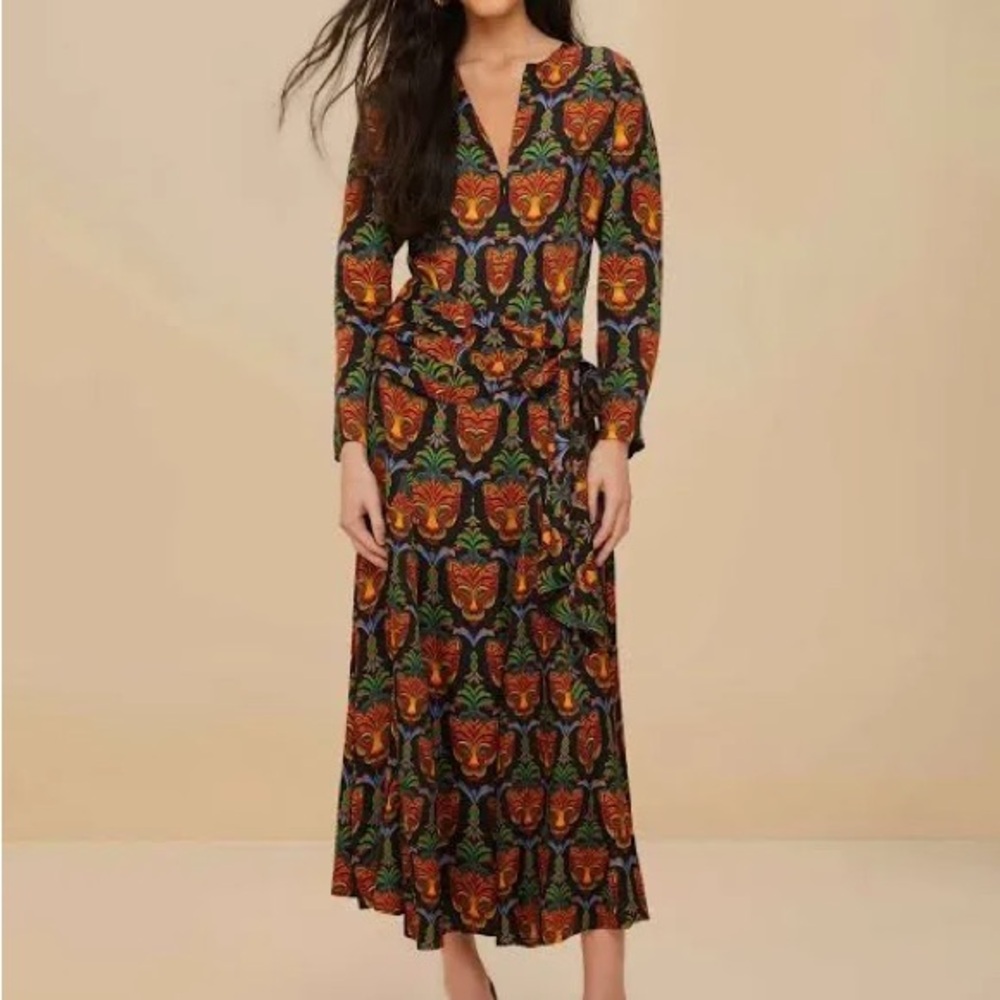 FARM Rio Black Maxi Dress with Orange and Green Floral Mask Print